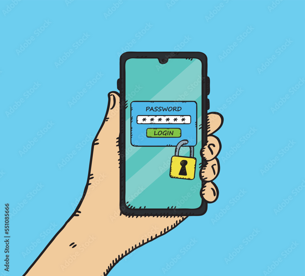 Poster hand-drawn illustration of a hand holding a phone with locked access. access is protected by the pas