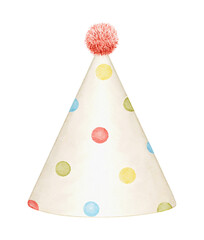 Watercolor birthday cap with colorful polka dots pattern and bubo isolated on white background. Hand drawn illustration sketch