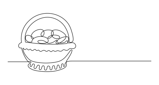 Easter Basket Full Of Eggs. Continuous Line Drawing.