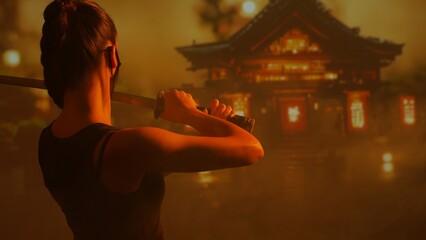 Young and beautiful ninja girl in a mask and with a katana. Samurai woman on the background of Japanese temple.