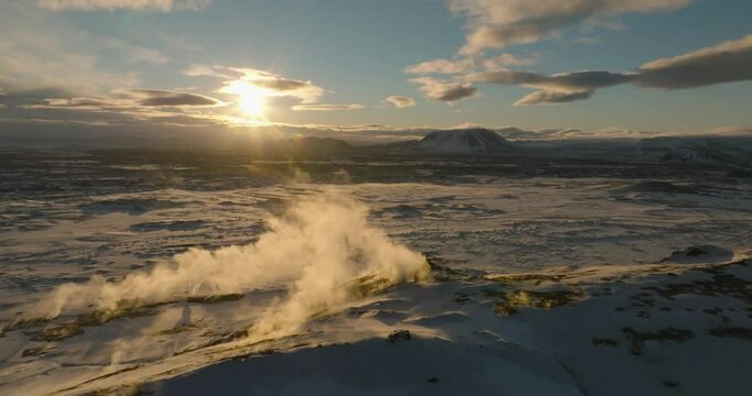 aerial view on hverir geothermal area during sunrise