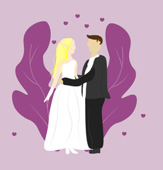 bride and groom on day. wedding ceremony flat vector illustration on purple background. Woman and man marriage , Beautiful romance , Happy together