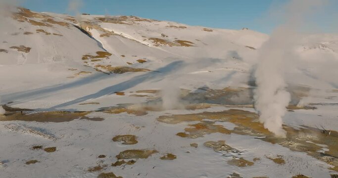 aerial view on fumaroles steam in geothermal area hverir