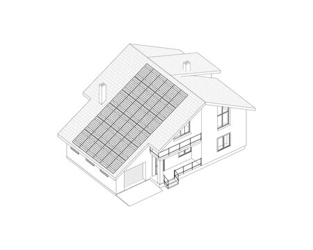 Contemporary  suburban house  with roof solar panels. Isolated 3D vector.