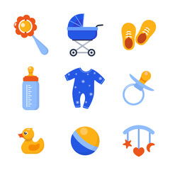 Newborn boy things, set. Elements for baby upbringing in blue color. Collection of bottle, sliders, pacifier, rattle, booties, colorful toys. Vector illustration.