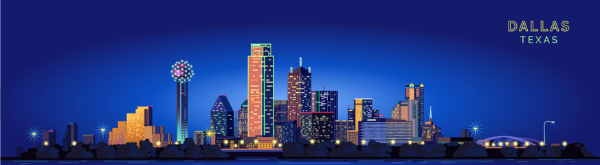 Dallas city night modern buildings vector illustration. state of Texas.	