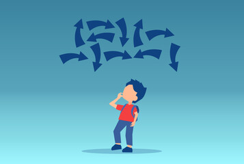 Vector of a boy student looking up confused at multiple arrows