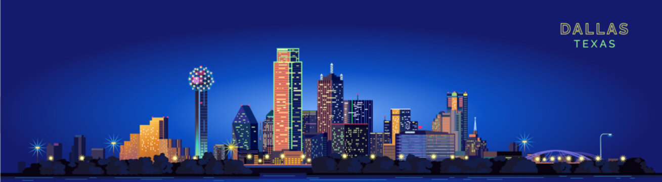 Dallas City Night Modern Buildings Vector Illustration. State Of Texas.	