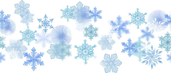 Seamless border with Blue watercolor snowflakes on a transparent background, PNG, for Christmas invitations, postcards, banners and more