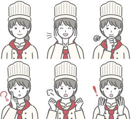 若い女性コックの色々な表情