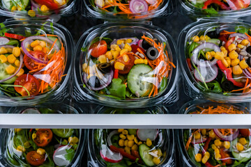 Boxes with pre-packaged vegetable salads in a commercial fridge