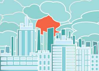 The city in the clouds against the background of the orange sun in the Japanese style. Blue and orange color a vector illustration in a flat minimalist style.