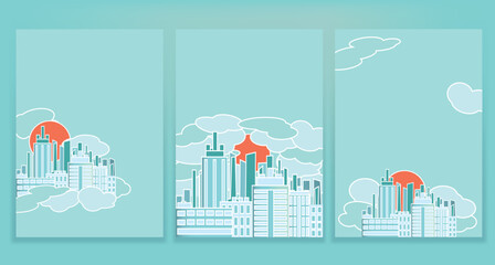 The city in the clouds against the background of the orange sun in the Japanese style. Blue and orange color in a set of vector illustration in a flat minimalist style.