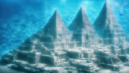 fantasy illustration of underwater view of submerged ruins of ancient city with group of stone pyramids and tempels