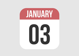 3 january icon isolated on background. January vector for day of week and month in red.