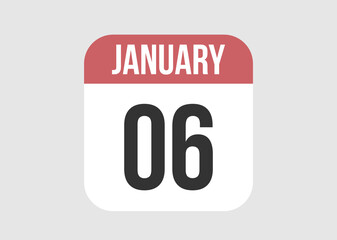 6 january icon isolated on background. January vector for day of week and month in red.