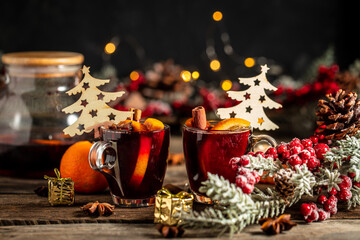 mulled red wine with spices, hot warming drink, Traditional hot drink at Christmas