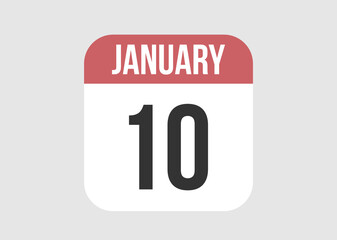 10 january icon isolated on background. January vector for day of week and month in red.