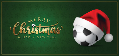 Soccer ball and Santa Claus hat - Merry christmas Greeting Card - vector design illustration on Green Background