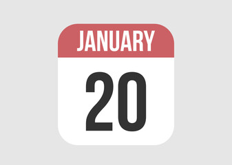 20 january icon isolated on background. January vector for day of week and month in red.