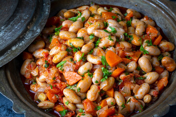 Traditional delicious Turkish food; Kidney beans with olive oil, Red kidney bean stew, Turkish name; Barbunya pilaki
