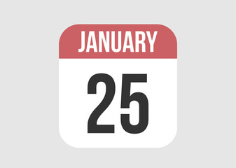 25 january icon isolated on background. January vector for day of week and month in red.