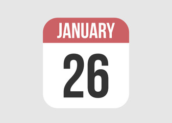 26 january icon isolated on background. January vector for day of week and month in red.