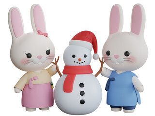 3D Rendering Rabbit Wearing Hanbok Decoration Snowman. Christmas Winter Theme. PNG Transparent Background.