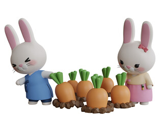 3D Rendering Cute Rabbit Wearing Hanbok Pull Carrot form the Ground. PNG Transparent Background.