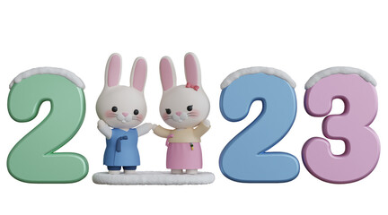 3D Rendering Cute Rabbit Wearing Hanbok Stand Between 2023 Happy New Year Number on the Snow.