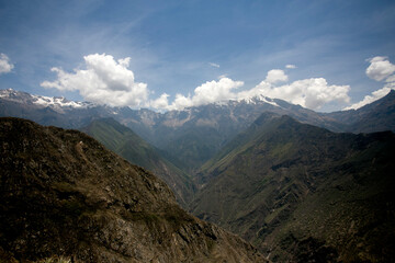 Fototapeta premium Hike through the Apurímac canyon to the ruins of Choquequirao, an Inca archaeological site in Peru, similar in structure and architecture to Machu Picchu.