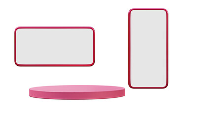 3D Pink mobile Phone white blank screen and pink podium