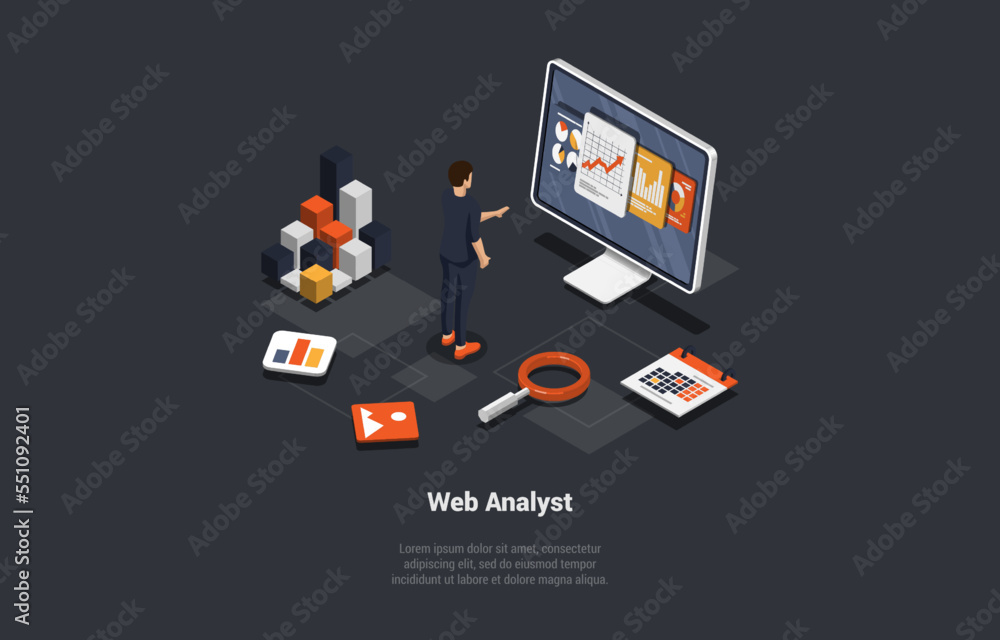 Poster concept of testing, data analysis, debugging and analyst. web analyst man marketer analyzing chart, 