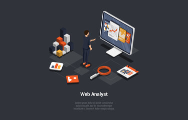 Concept Of Testing, Data Analysis, Debugging And Analyst. Web Analyst Man Marketer Analyzing Chart, Diagram On Computer, Analytic Business And Reporting Data. Isometric 3d Cartoon Vector Illustration