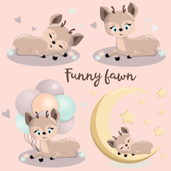 Cute cat fawn. Funny illustration of a sleeping fawn. Baby Hare
