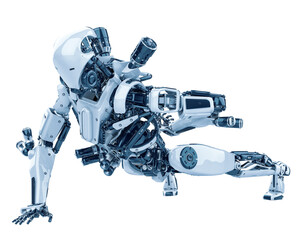 mega yellow robot super drone doing pushups in a white background