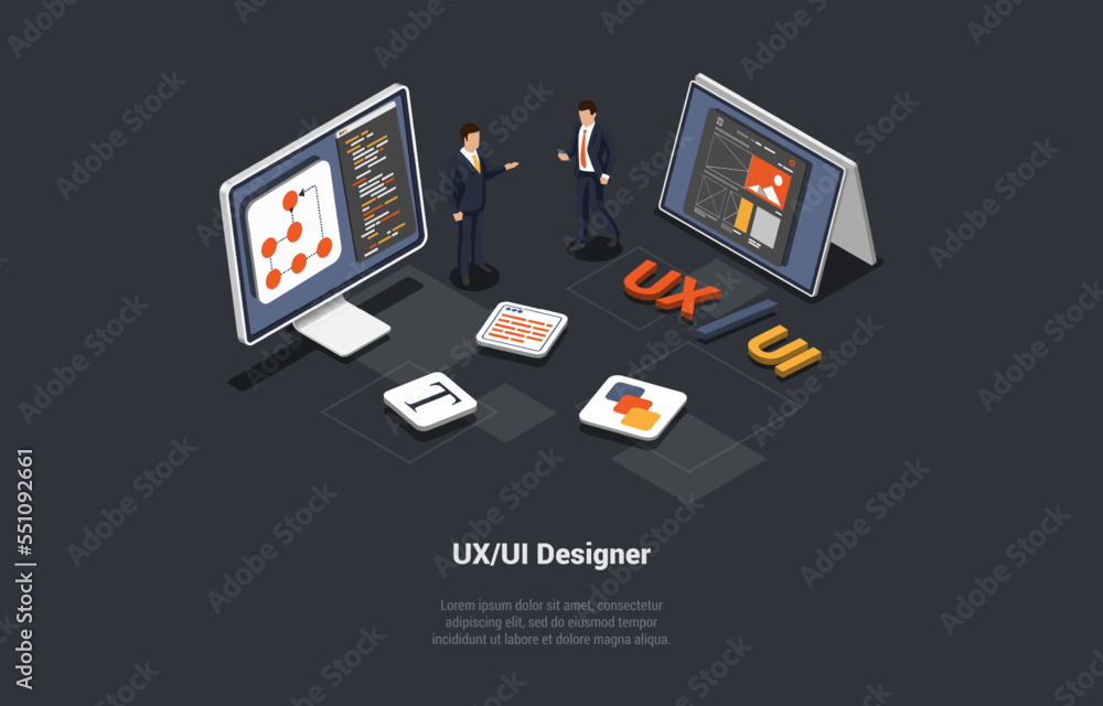 Poster ui design concept. device content place infographic. it agency prototyping or coding mobile app. ux,