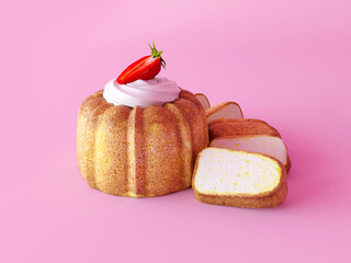 Vanilla cupcake with whipped cream, fresh strawberry on pink background. Maffin with slices....