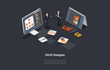 UI Design Concept. Device Content Place Infographic. IT Agency Prototyping Or Coding Mobile App. UX, Digital Hero Creative Team Working On Wireframe Website Design. Isometric 3d Vector Illustration
