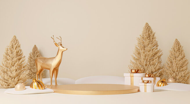 Premium Christmas podium for branding and packaging presentation. product display with gift boxes, christmas tree and snow. Xmas Decorations. Christmas showcase. Cosmetic. 3d rendering illustration