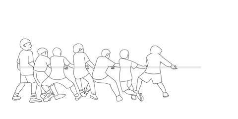 Outline of group of children playing tug of war, Team sport in vector.
