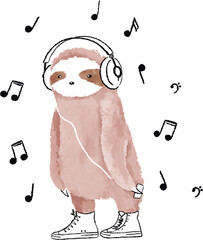Cool sloth listening to the music in headphones. Cute watercolor animals illustration - 551093019