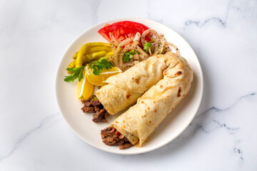 Delicious turkish kebab tantuni. Mersin tantuni durum.