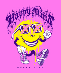 Happy mind, happy life custom typographic slogan print design with dripping emoji icon character