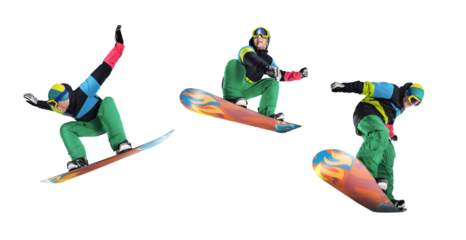Snowboarder jumping through air with isolated background. Winter Sport transparent background.	