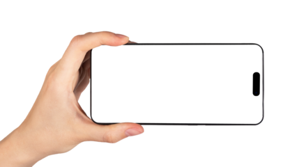 Hand holding phone mockup in horizontal position isolated on white background. Woman using smartphone for watching video