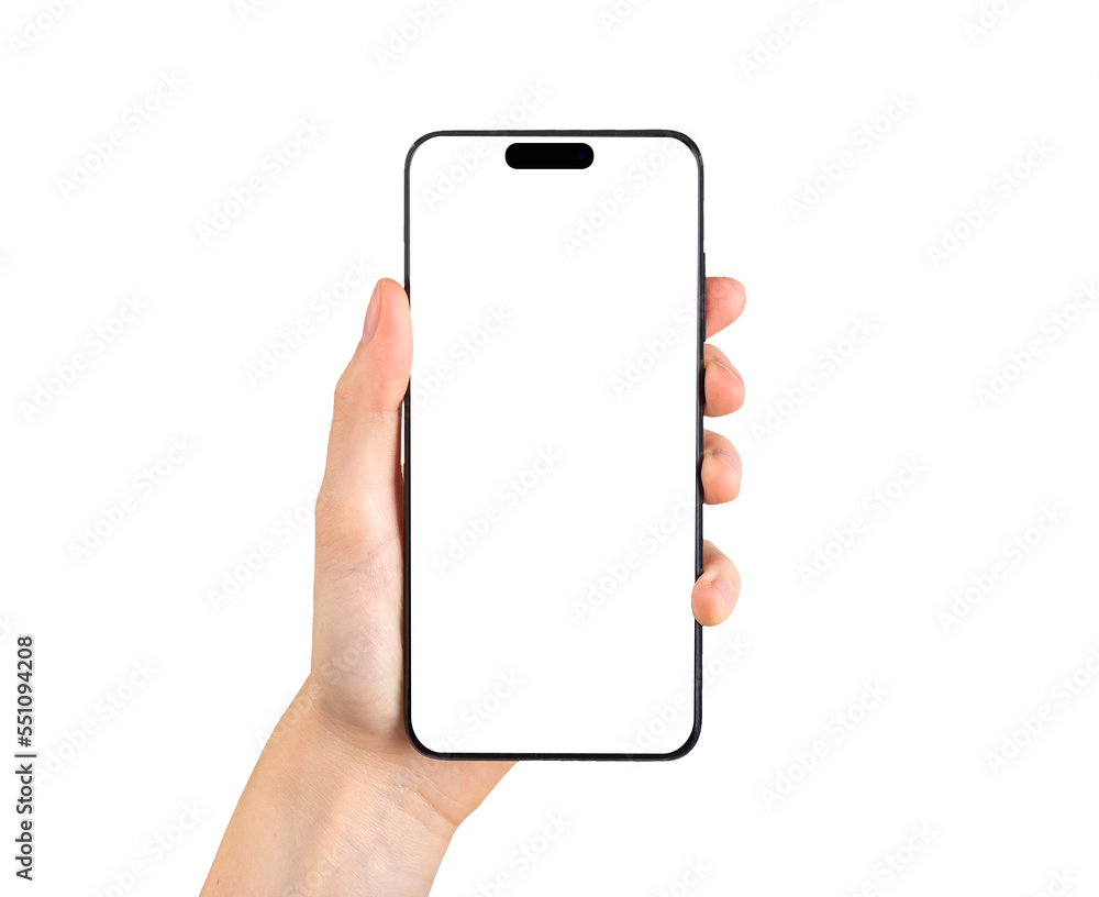 Poster hand with phone mockup in vertical position isolated on white background. template with empty screen