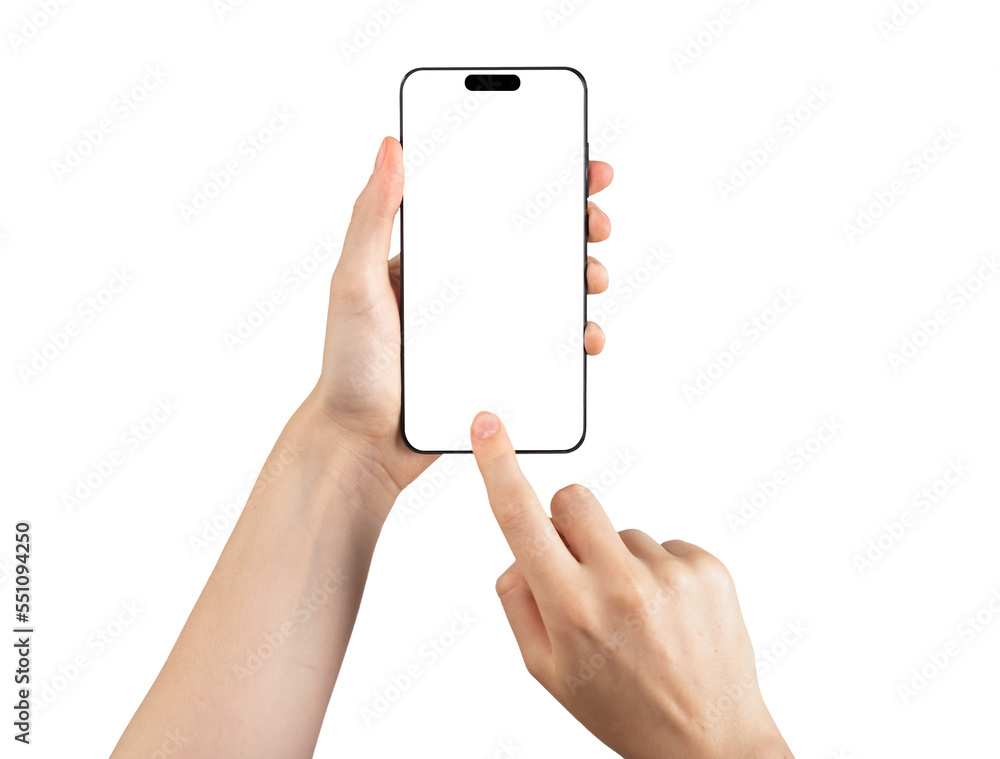 Poster forefinger tapping home button on phone mockup isolated on white background. android template with b