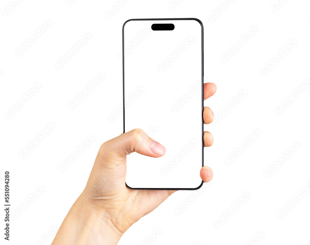 Poster finger clicking on phone mockup isolated on white background. smartphone template with empty screen.