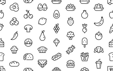 Seamless pattern with Food icons. Containing meal, restaurant, dishes and fruits icon. Thin line icon set